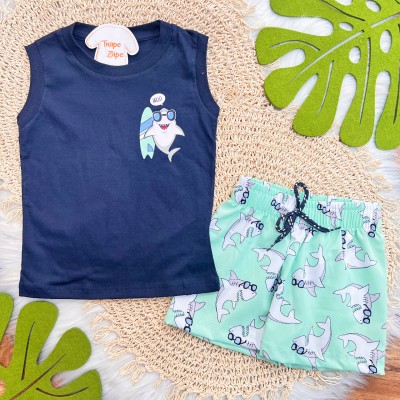 Conj. Regata Hello Shark e Bermuda em Táctel - Marinho